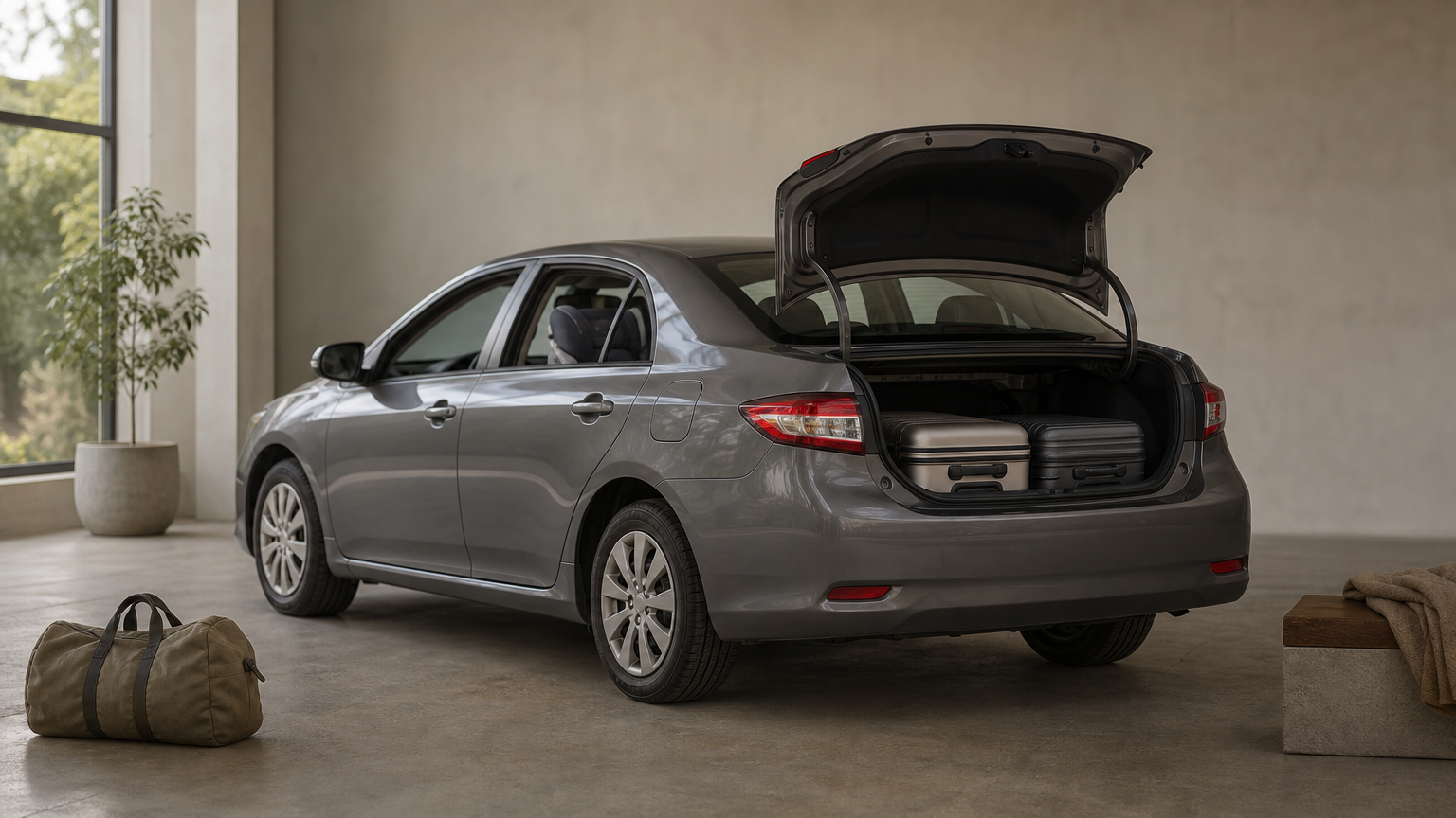 A sedan with an open boot holding two suitcases and a child seat on the back seat.