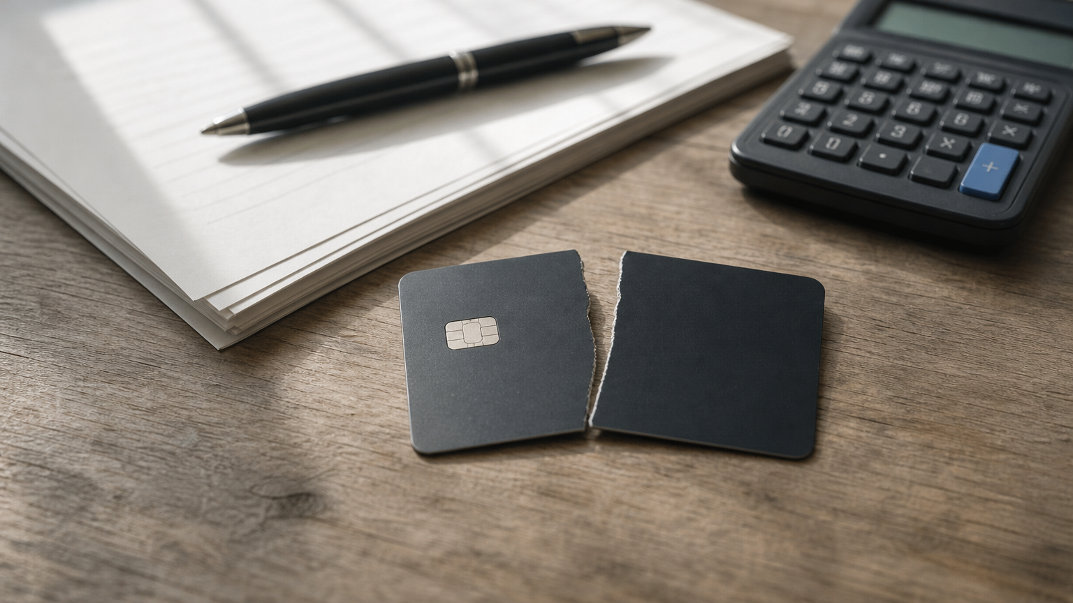 A credit card cut in half next to a paper contract, a pen, and a calculator.