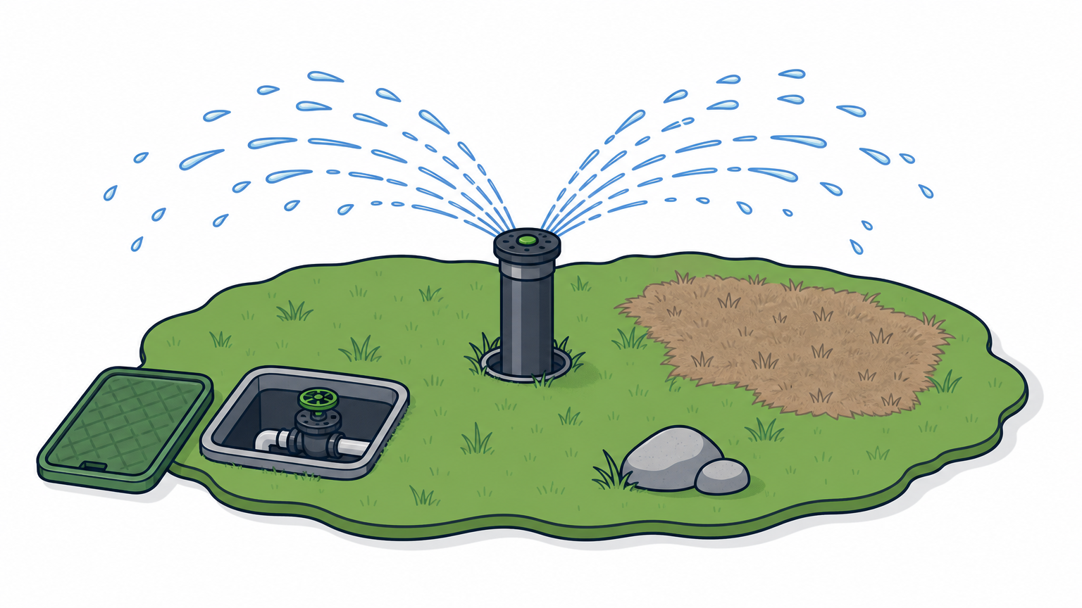 A sprinkler head sprays a green lawn next to a dry brown patch and an open valve box.