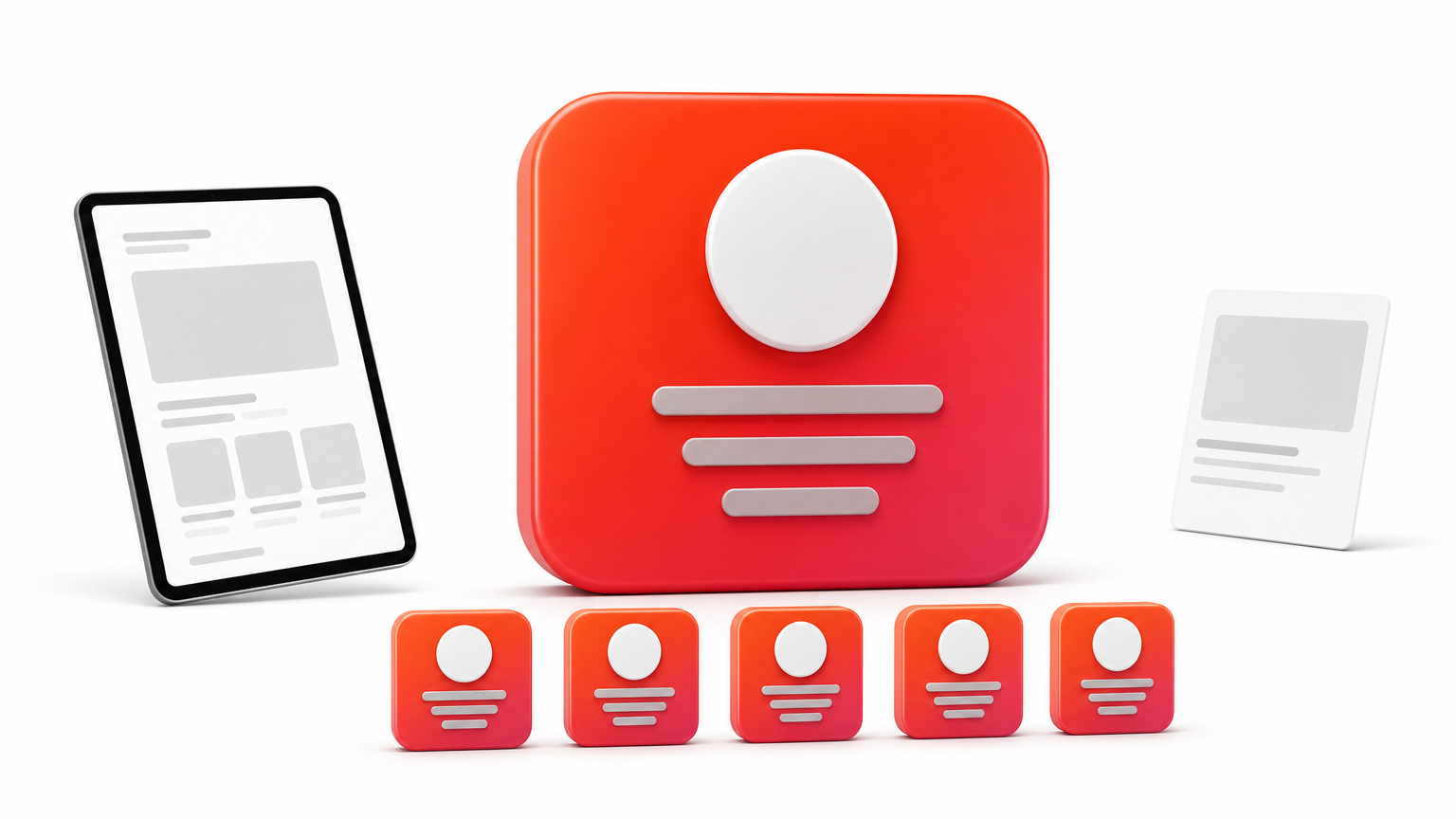 A large button template block with five smaller copies next to a tablet showing a page layout.