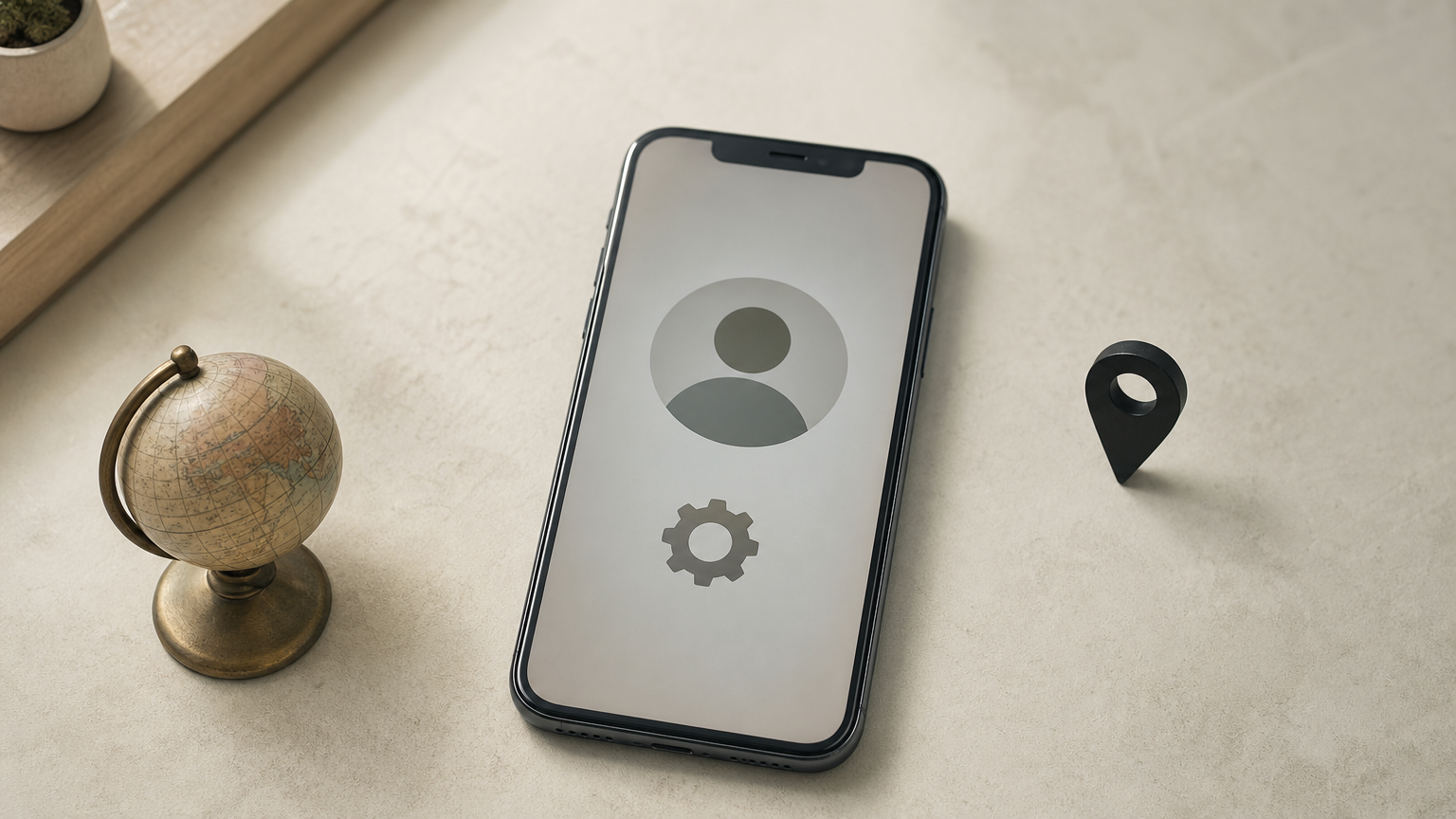 A smartphone with a profile icon and settings gear next to a globe and map pin.