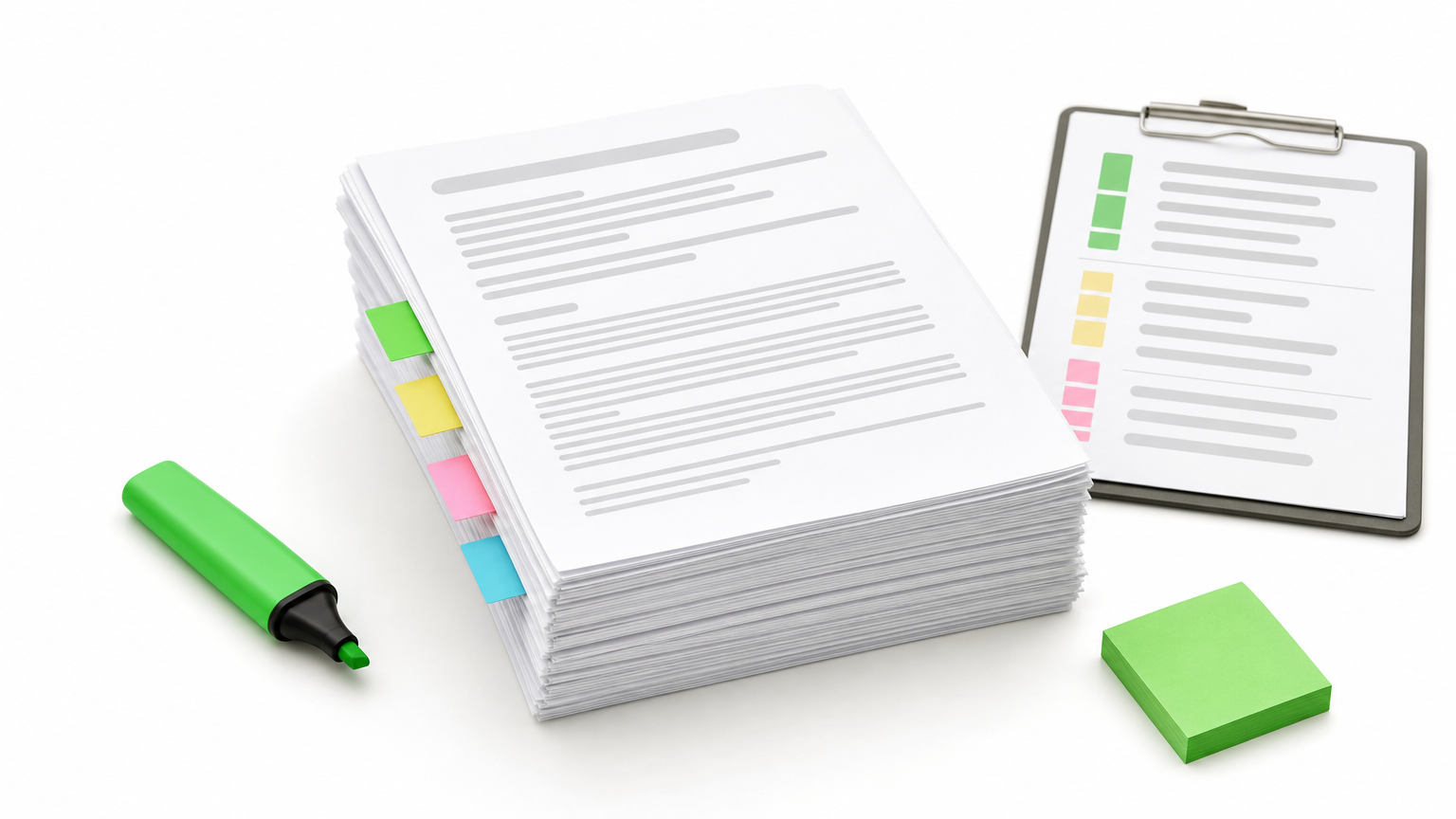 A stack of printed support tickets with sticky tabs, a highlighter, and a clipboard.