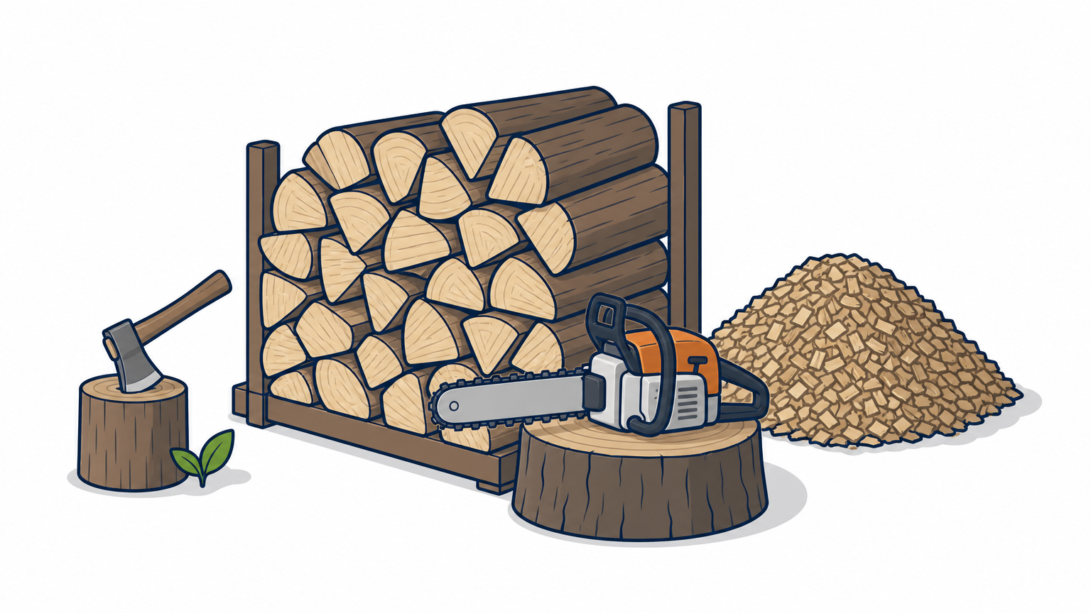 Stacked cut logs next to a pile of wood chips with a chainsaw resting on top.
