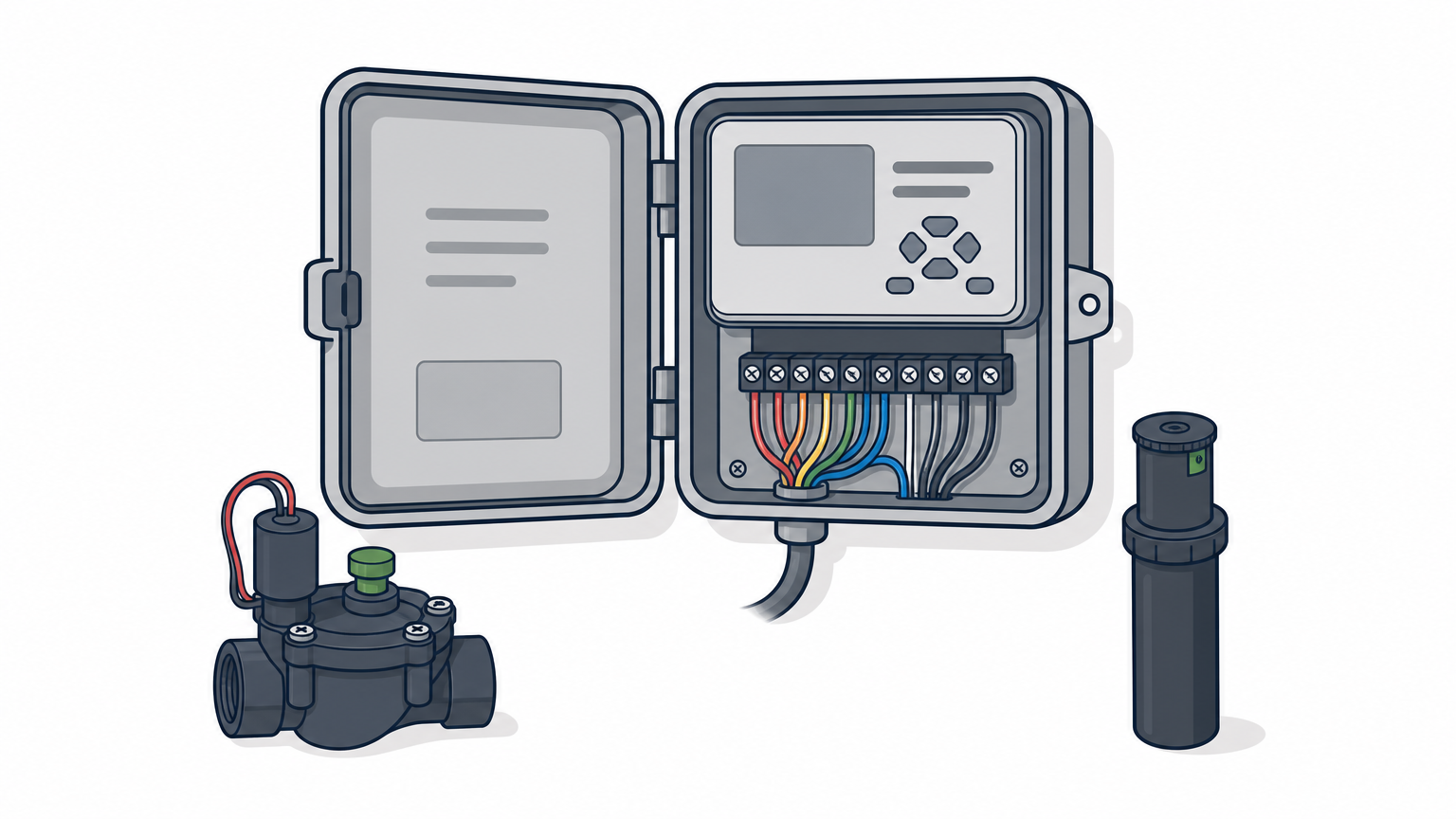 An open irrigation controller sits beside a solenoid valve and a rotor sprinkler head on a workbench.