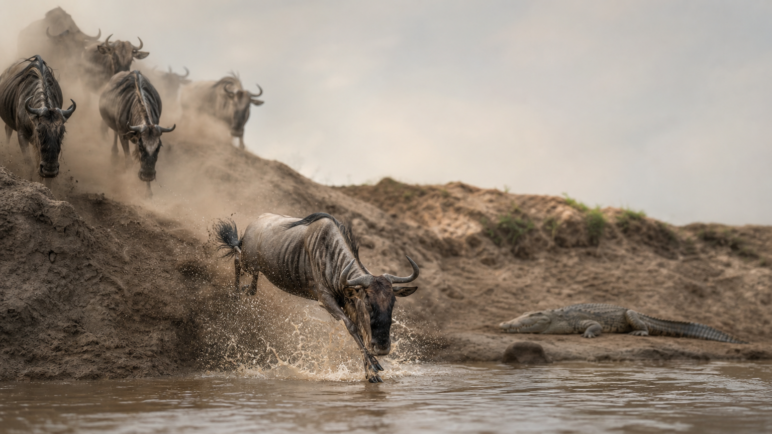 Wildebeest leap down a muddy bank into a river while a crocodile waits on the far bank.
