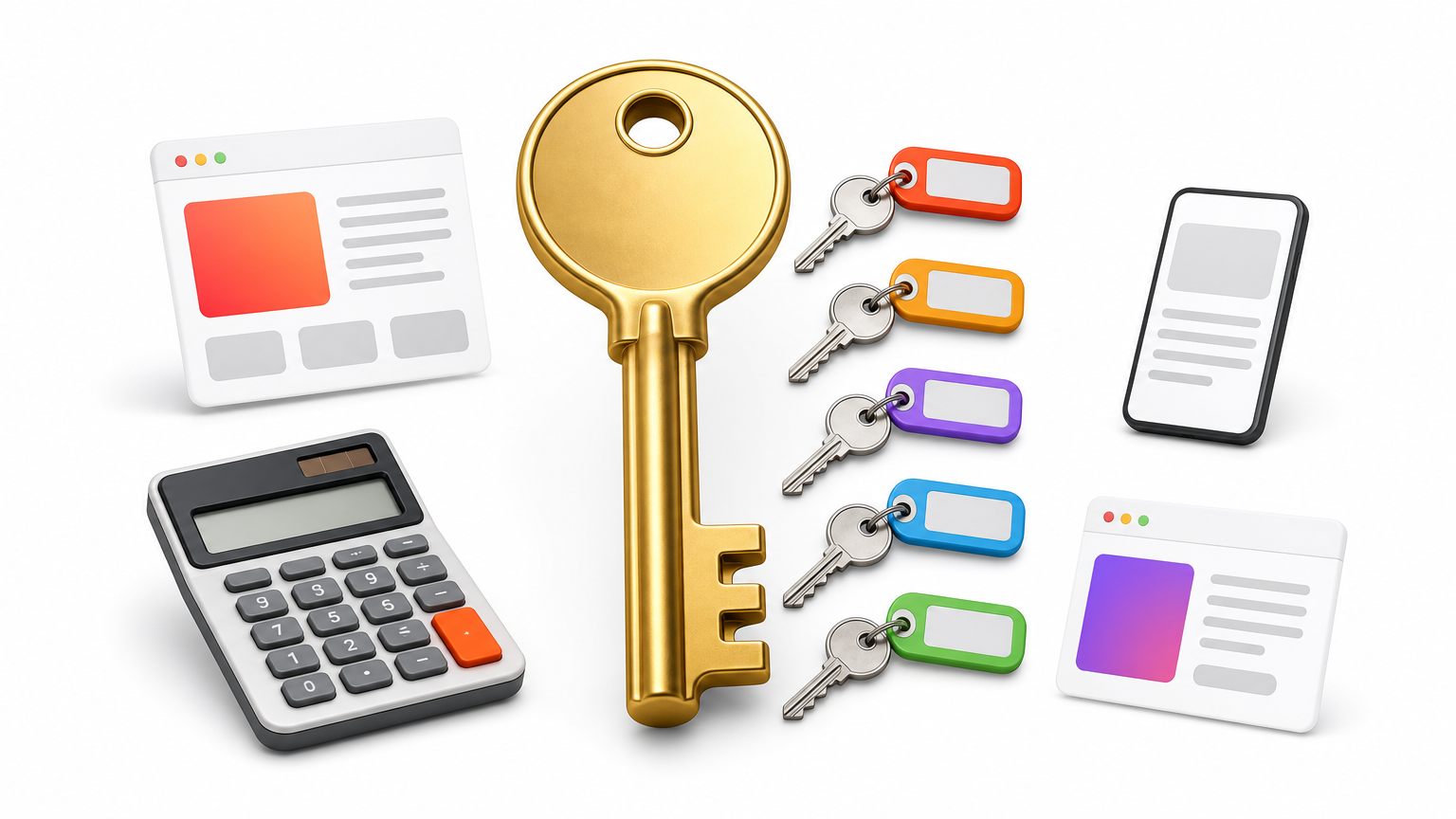 A large master key, five small tagged keys and a calculator laid out for comparing license costs.