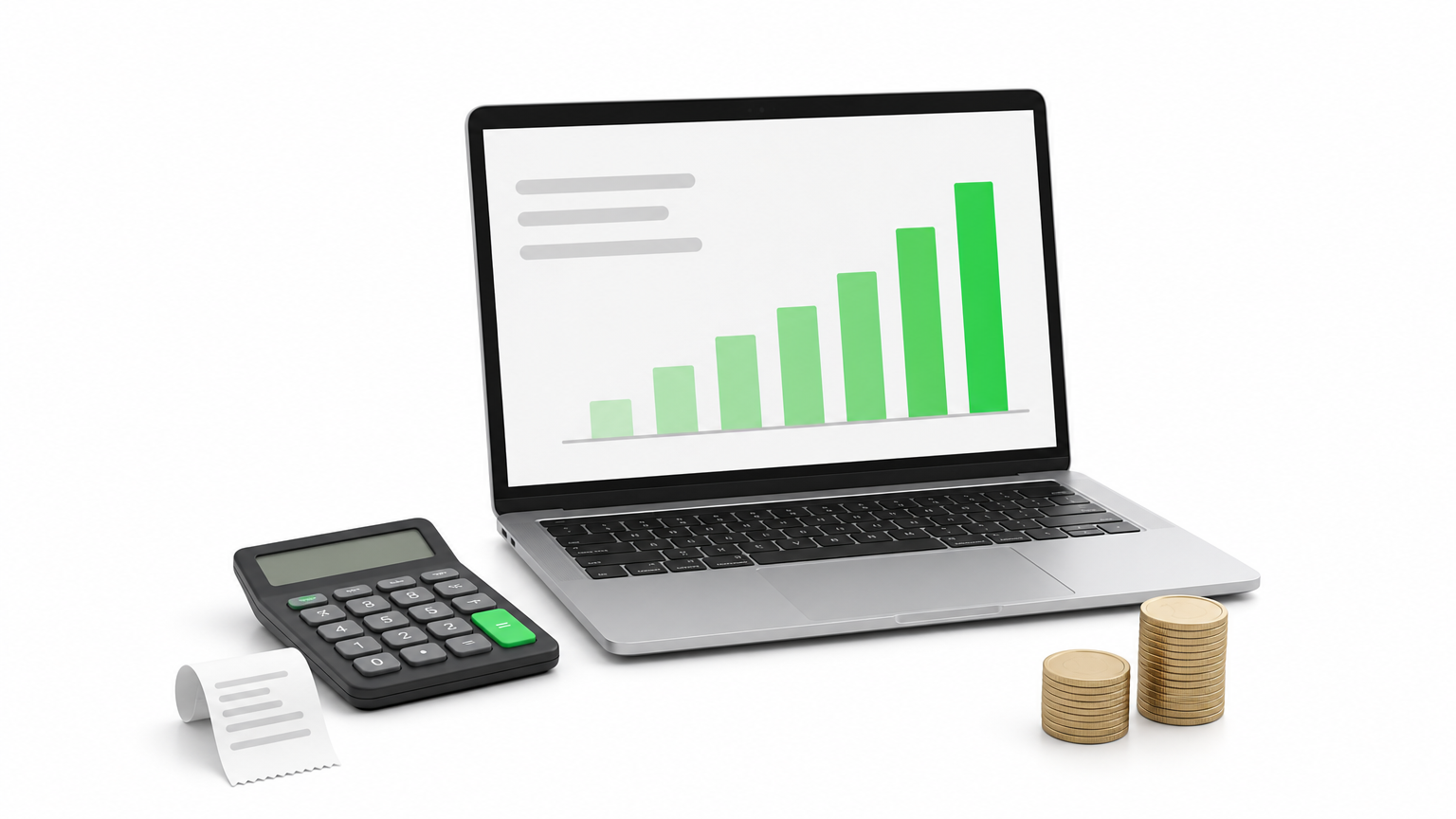 A calculator, receipt, stacks of coins, and a laptop with a bar chart on a desk.