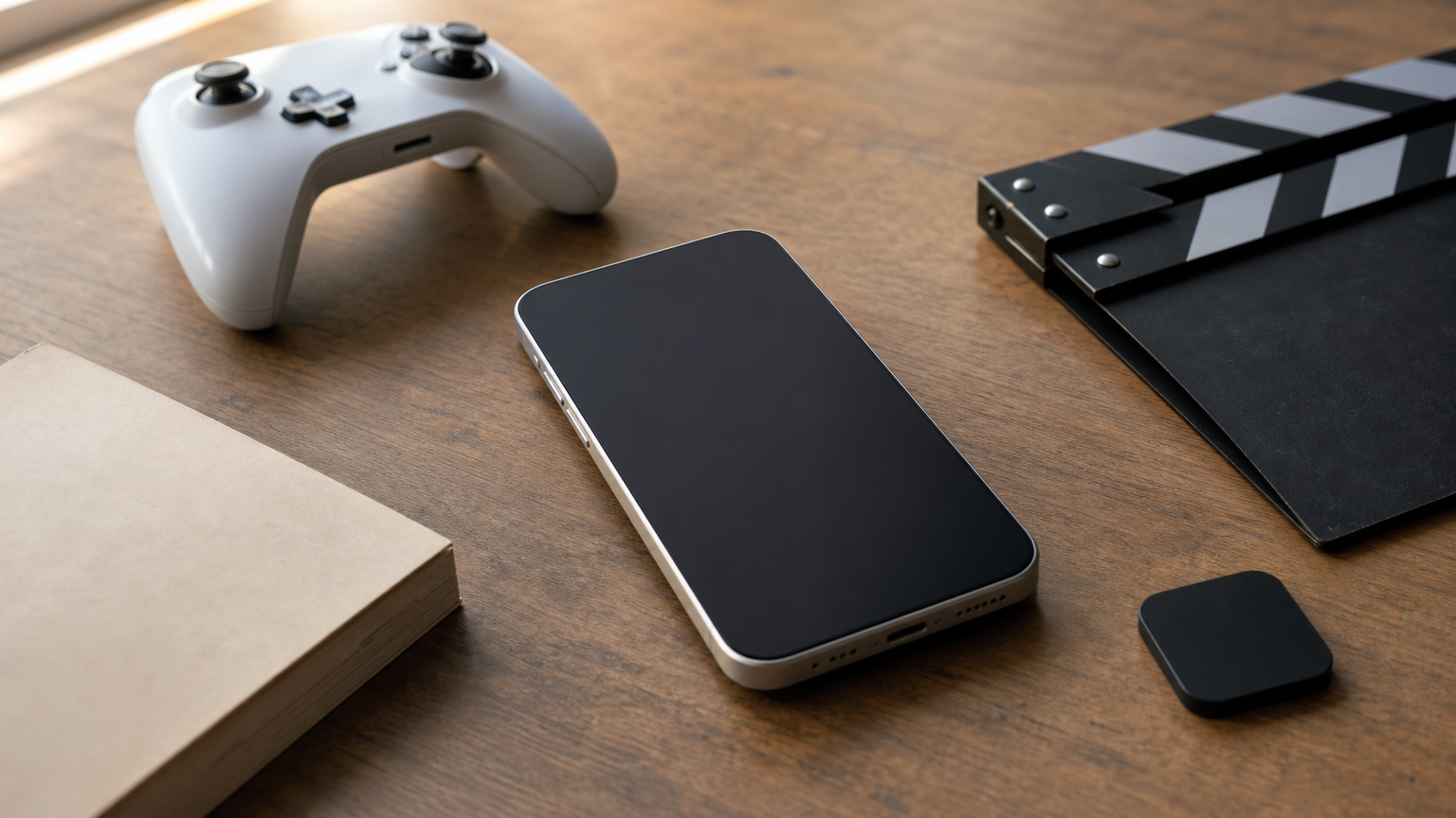 A smartphone surrounded by a game controller, a book, a clapperboard and an app icon.