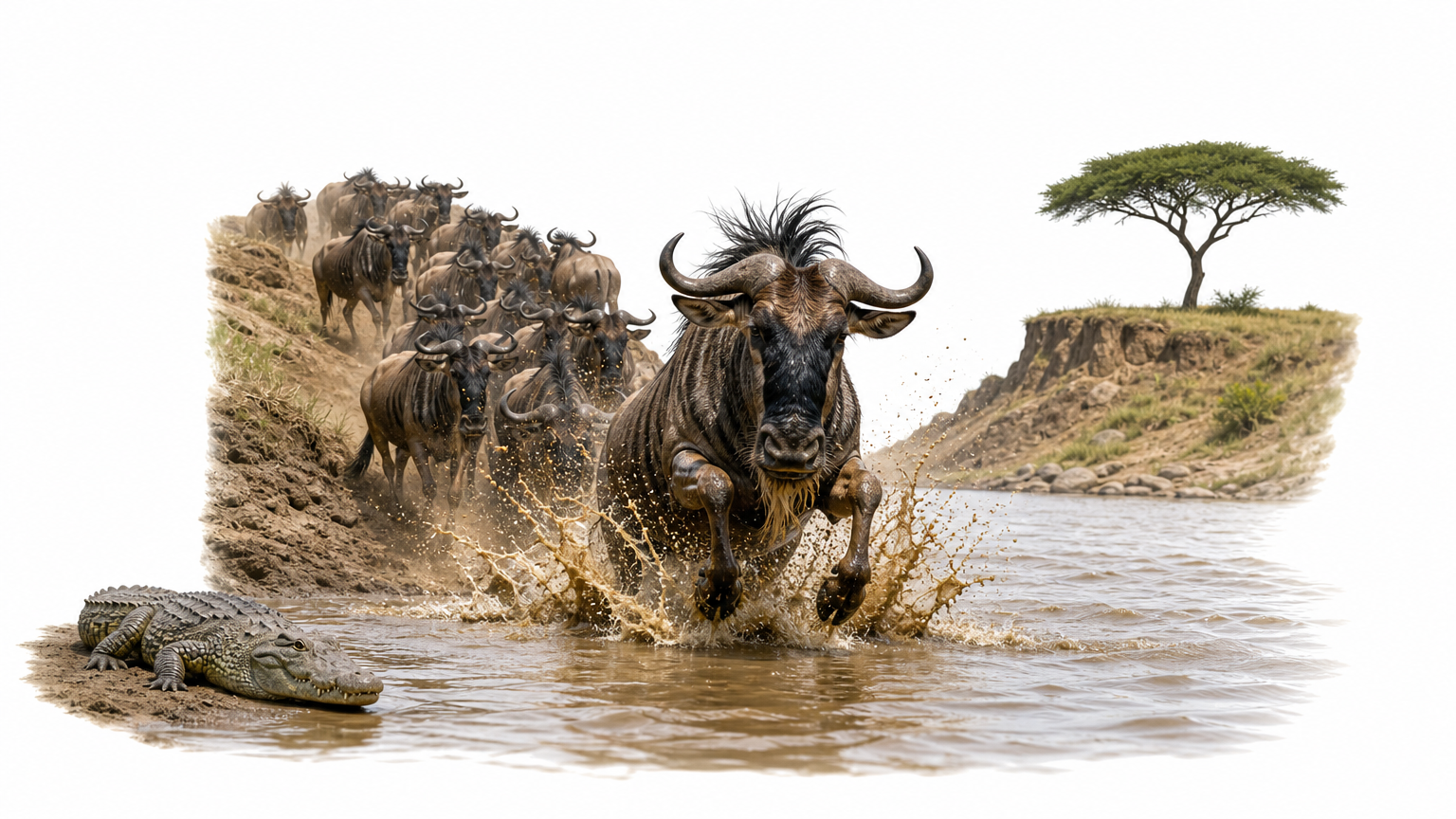 Wildebeest crossing a muddy river while a crocodile waits on the bank.