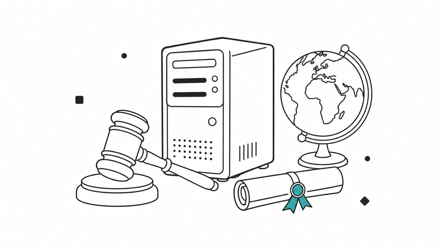 A gavel sits next to a small server tower, a desk globe, and a rolled document.