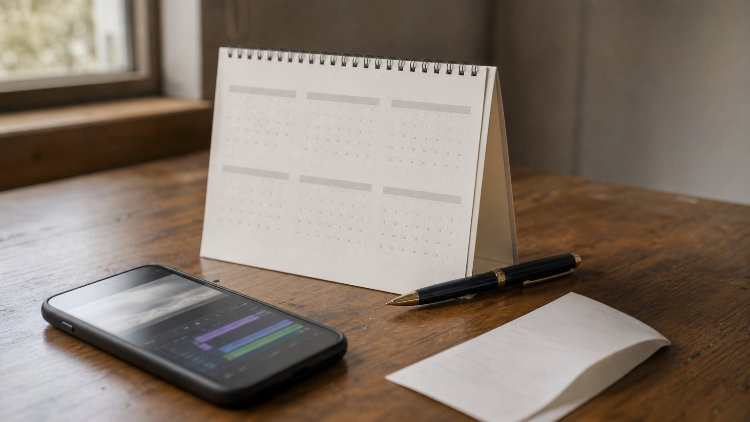 A desk calendar, a smartphone with a video timeline and a paper receipt.