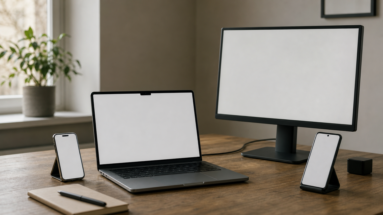 One laptop with code open beside an iPhone, an Android phone and a monitor showing the same app.