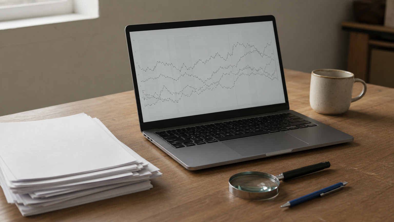 Printed scripts beside a laptop with a line graph, a magnifying glass and a pencil.