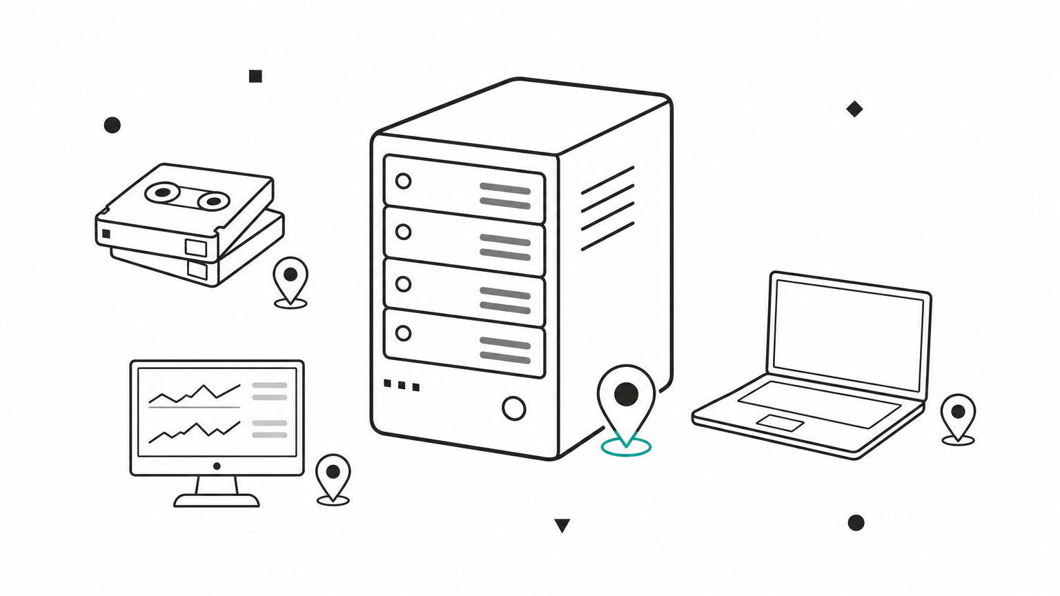 A database server, backup tapes, a monitoring screen, and a laptop, each marked with a small map pin.