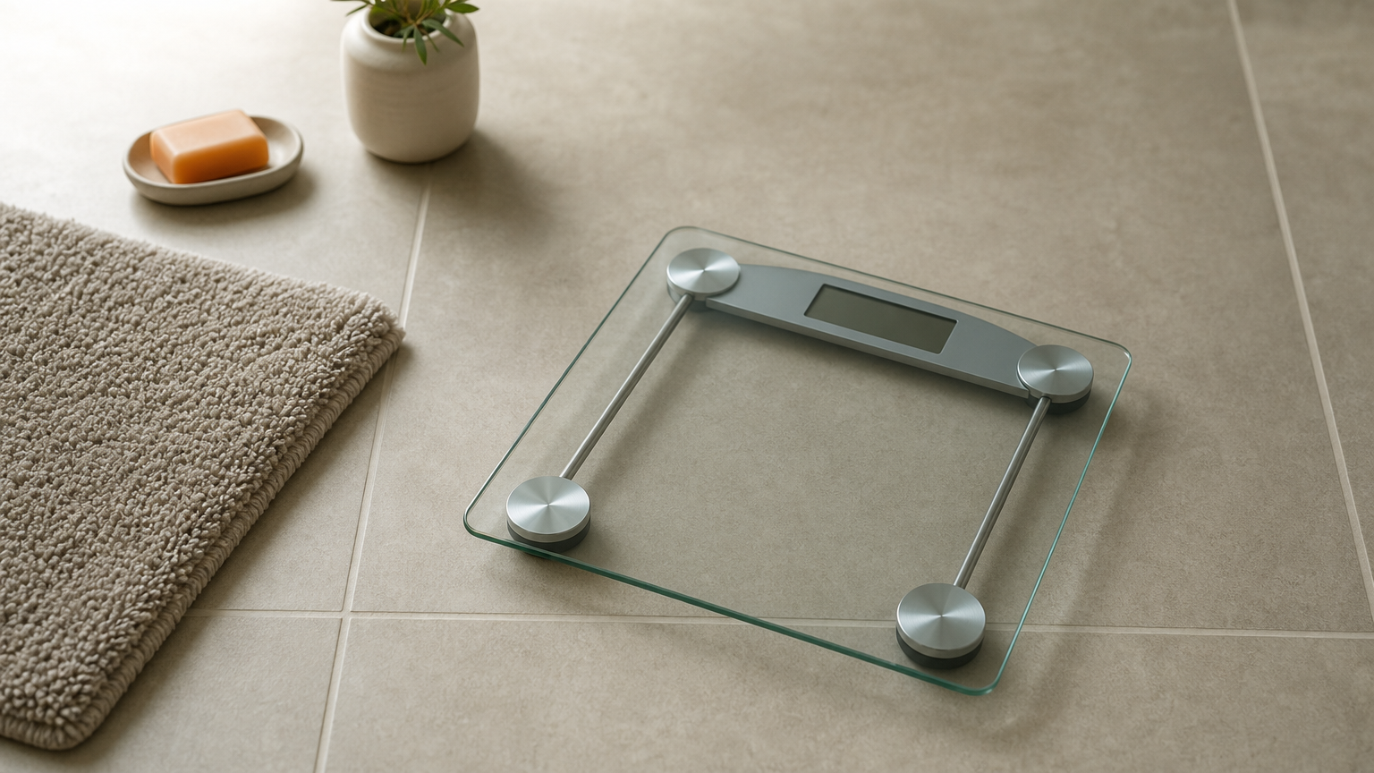 A glass bathroom scale on a tile floor next to a bath mat.