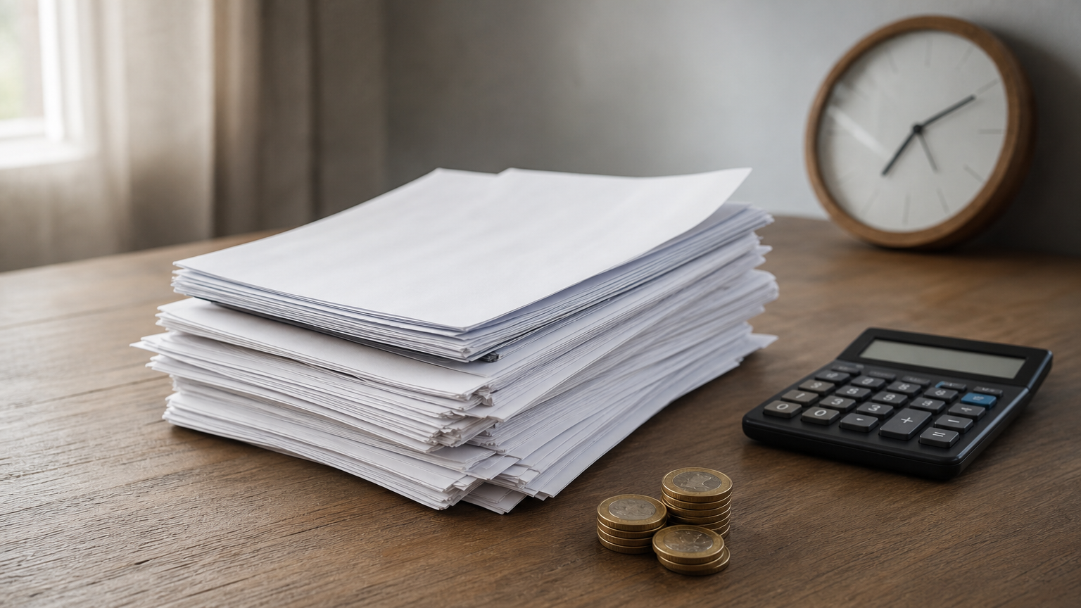 Paper invoices beside a calculator, rand coins and a wall clock.