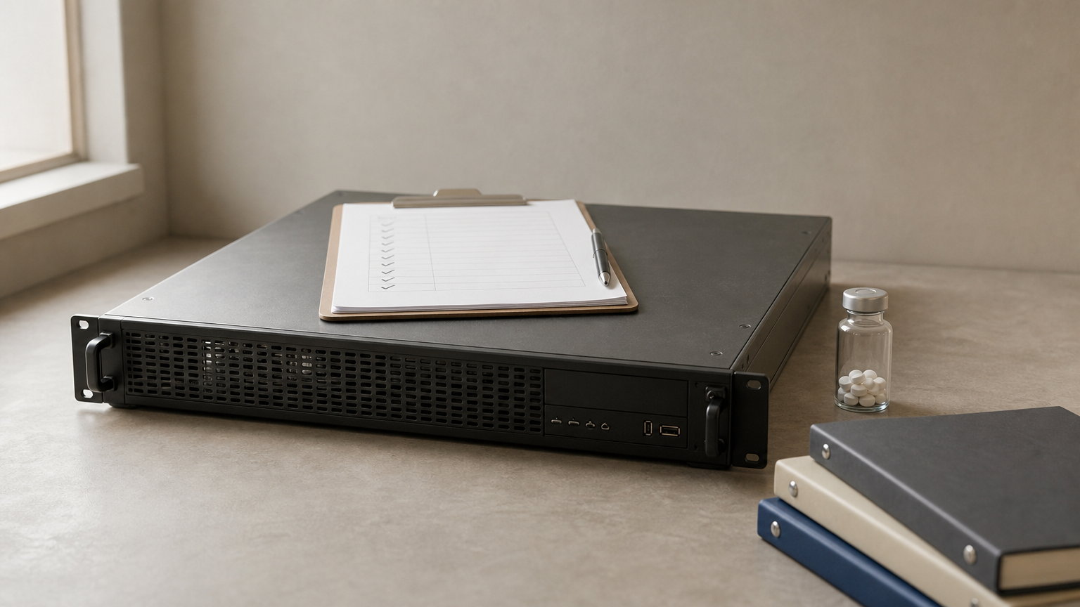 A server rack, a clipboard with checked form, a pill vial and documentation binders.