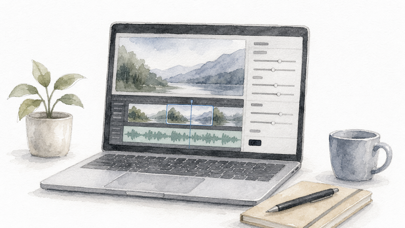 A laptop screen showing a video timeline, an audio waveform, and a panel of adjustment sliders.
