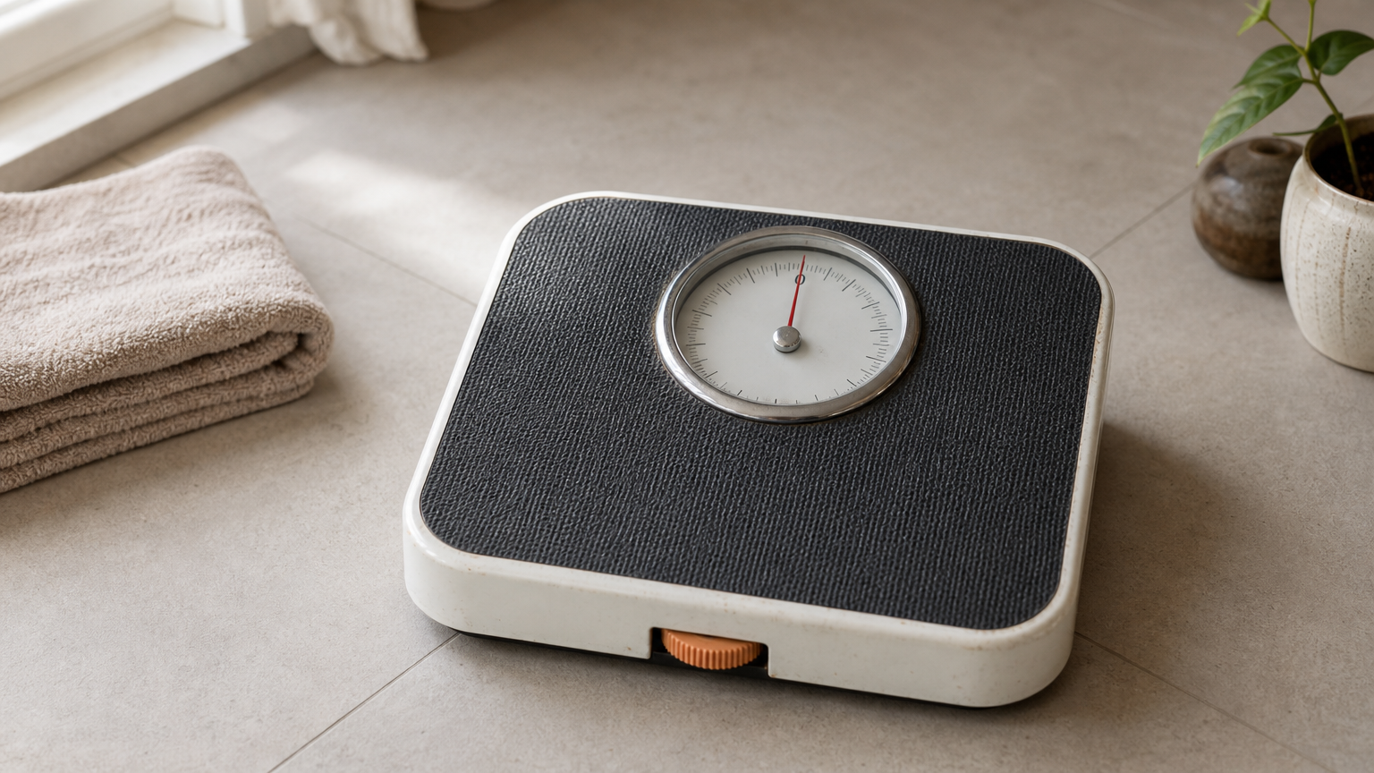 A mechanical bathroom scale with a needle at zero on a bathroom floor.