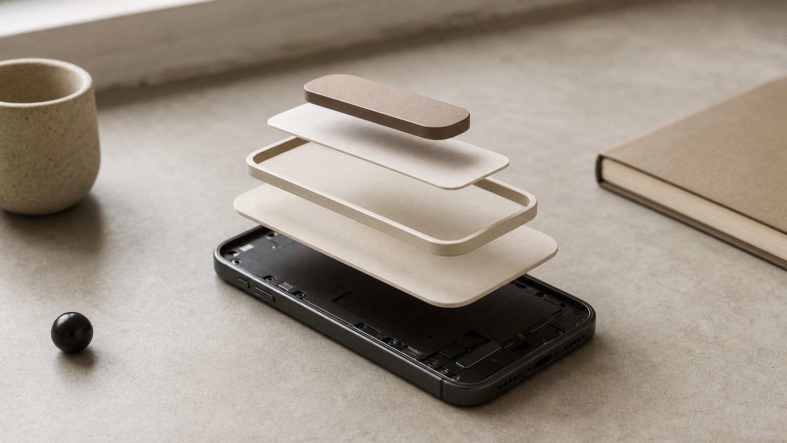 A phone screen separated into stacked layers of button, padding, text and scaffold panels.