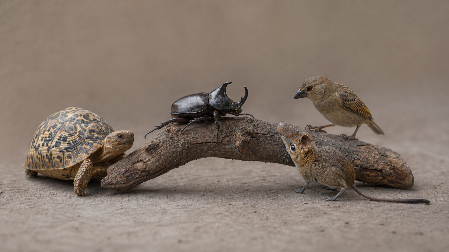 A rhinoceros beetle, leopard tortoise, elephant shrew and buffalo weaver bird grouped together.