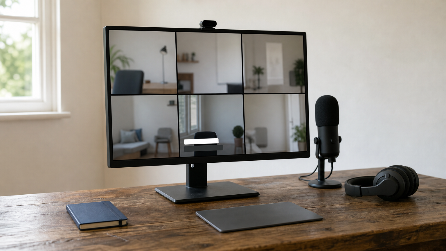 A monitor shows a video call with caption bars, next to a desk microphone and a headset.