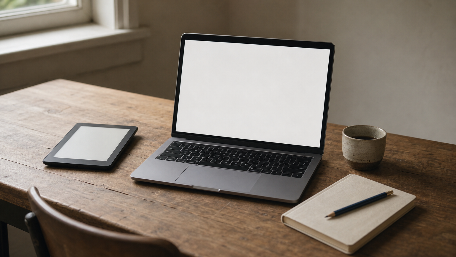 A laptop displays a page with paired paragraphs, beside an e-reader and a notebook with a pencil.