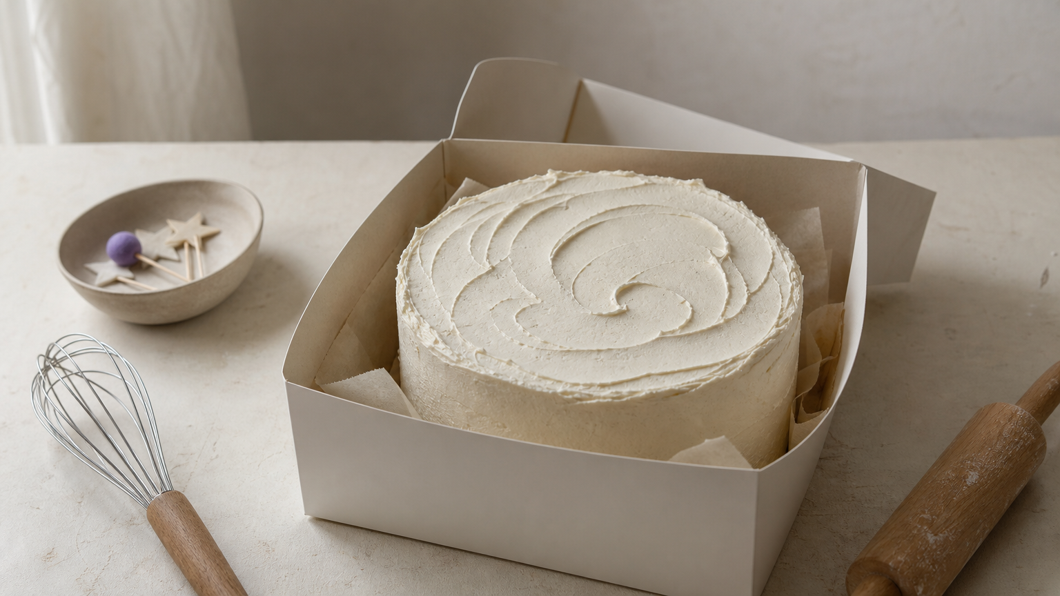 A frosted cake in an open box beside a whisk, rolling pin and bowl of toppers.