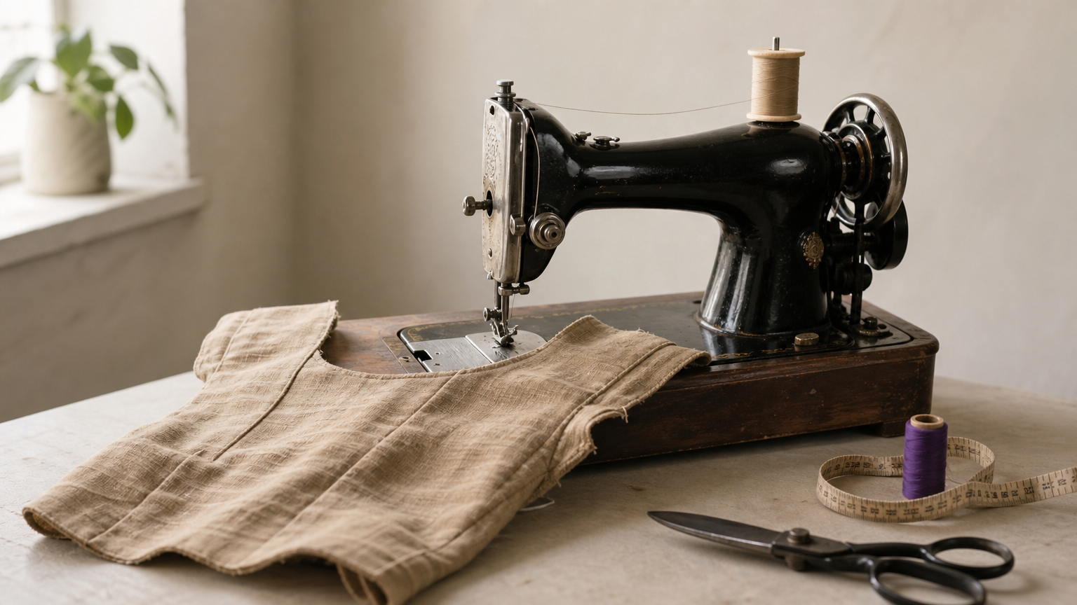 A sewing machine with a half-stitched blouse, tape measure, thread spool and scissors.