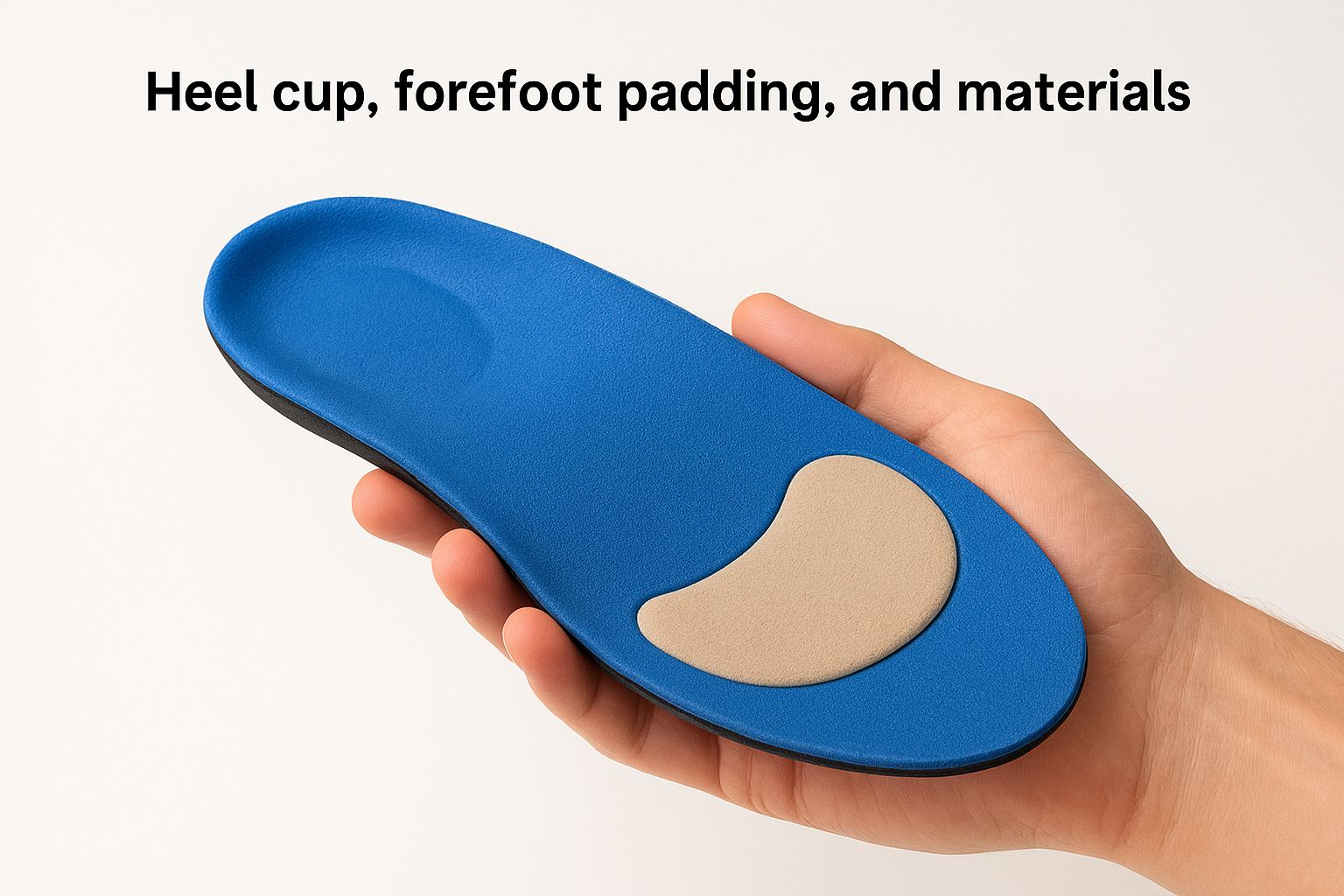 Heel cup, forefoot padding, and materials