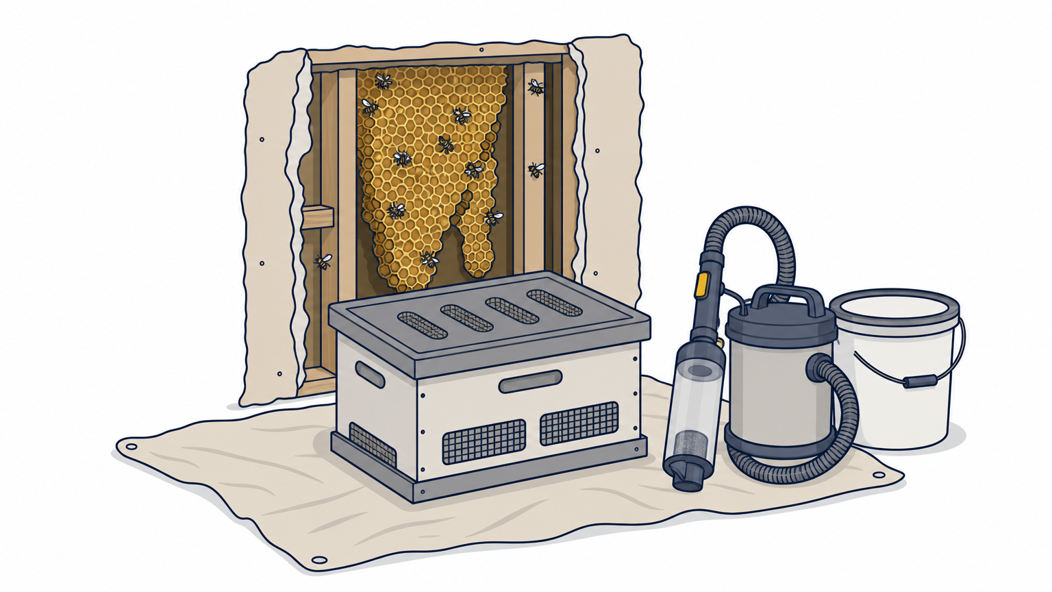 An opened wall cavity holding honeycomb, with a hive box, bee vacuum and bucket set beside it.