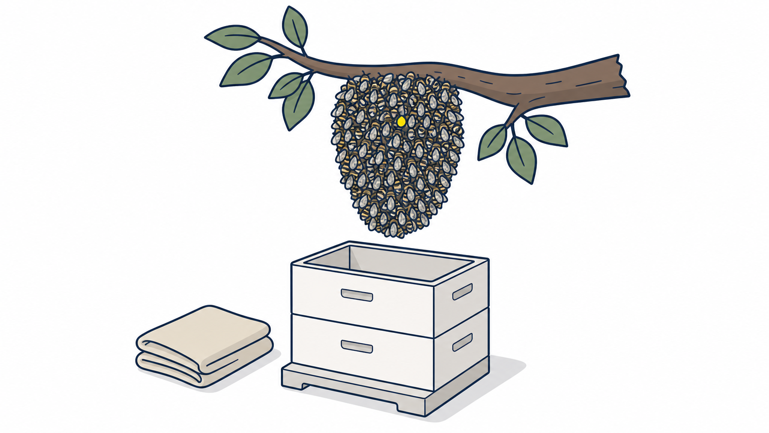 A ball of bees hangs from a tree branch above an empty white hive box.