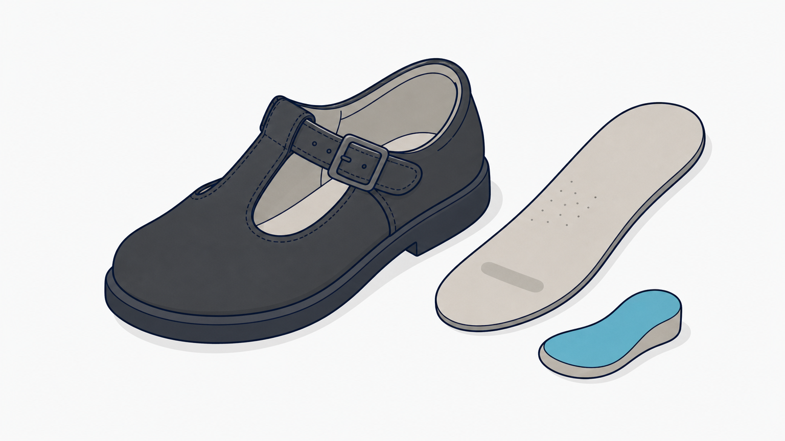 A T-bar school shoe with the insole removed and a custom orthotic placed beside it.