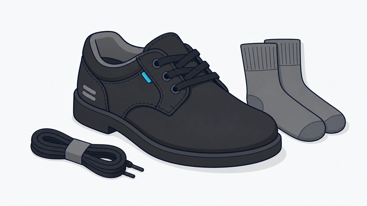 A lace-up leather school shoe with flat laces, a spare lace and school socks beside it.