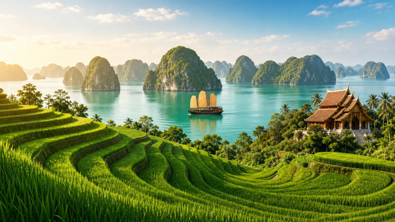 Des rizières en terrasses vertes, une jonque sur la baie et un temple laotien en arrière-plan.