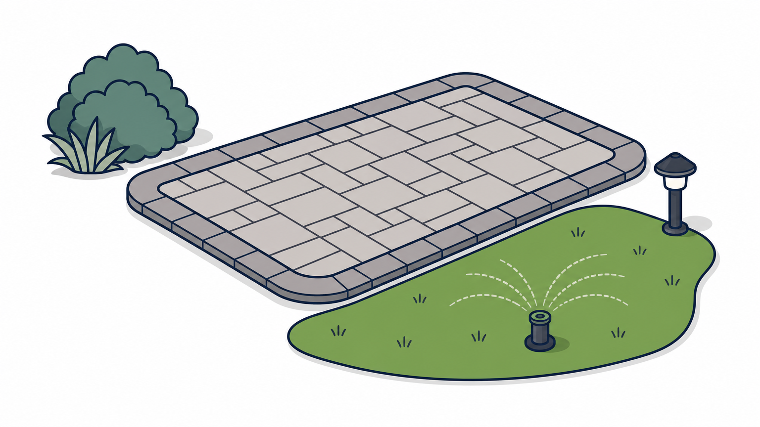 Paver patio bordering a lawn with a sprinkler head and a path light nearby.