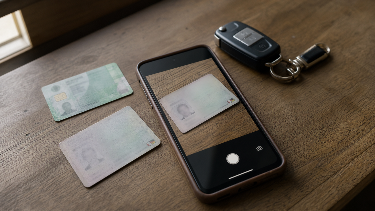 A smartphone photographs a driving licence next to an ID card and a car key.