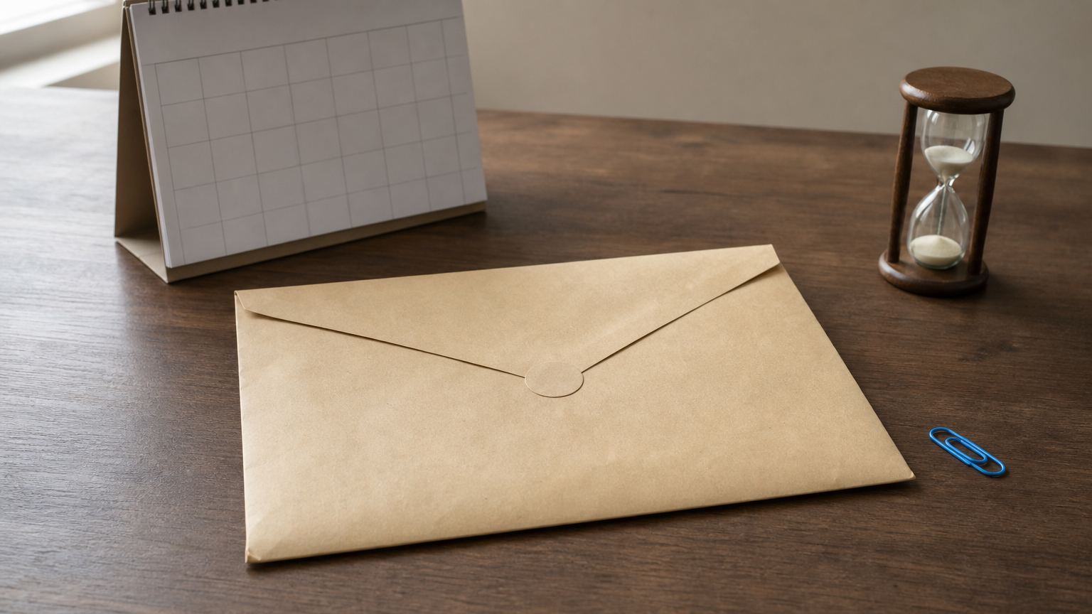 A court summons envelope next to a calendar page and an hourglass.