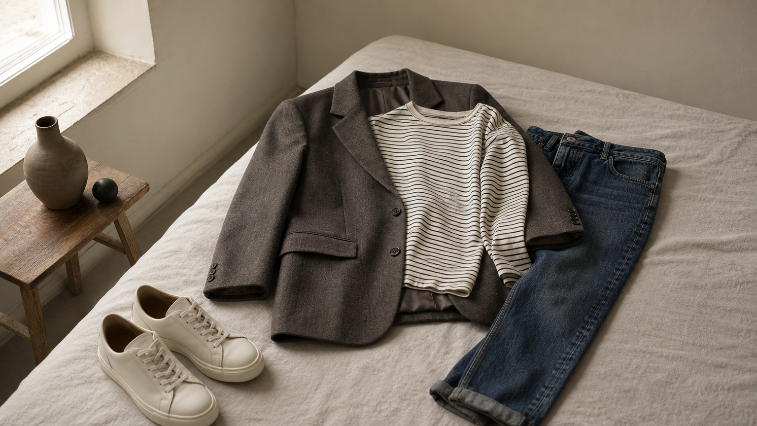 An oversized blazer with slim ankle jeans, white sneakers, and a striped long-sleeve tee.
