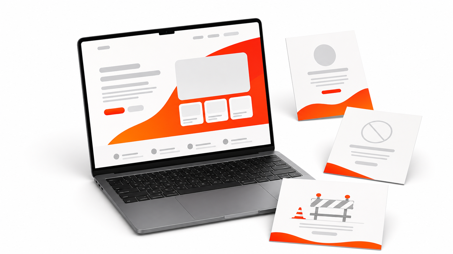 A laptop with a hero section next to three printed page mockups.
