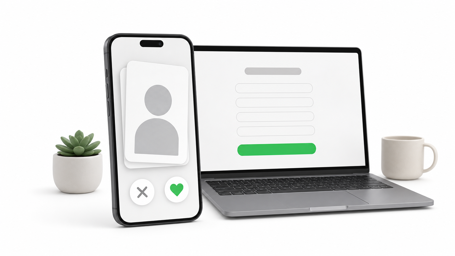 A phone with swipeable profile cards next to a laptop showing a sign-up page.