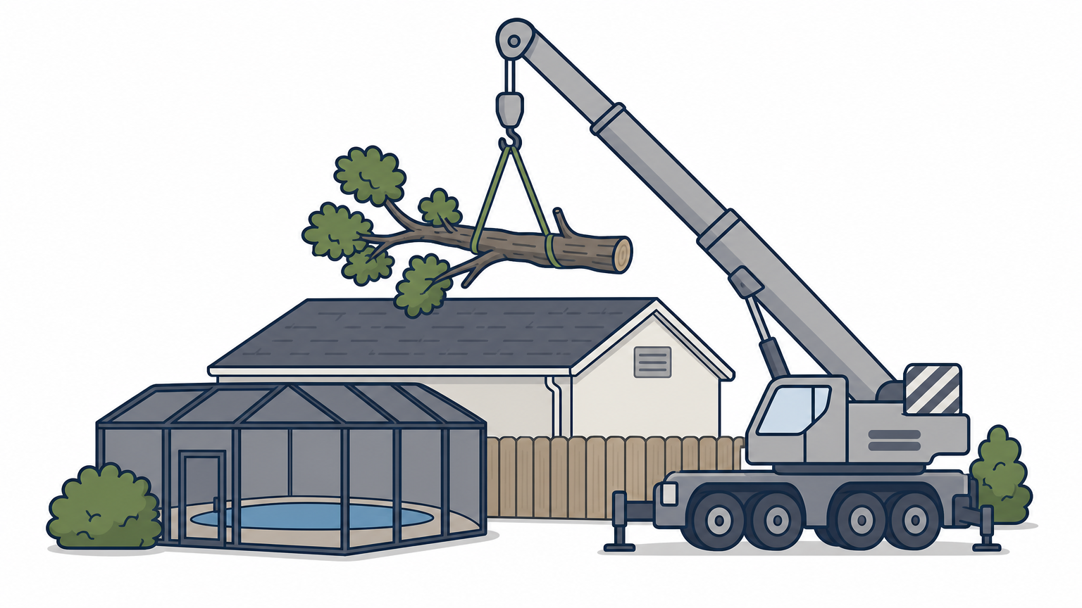 A crane lifts a heavy tree limb above a house roof and screened pool enclosure.