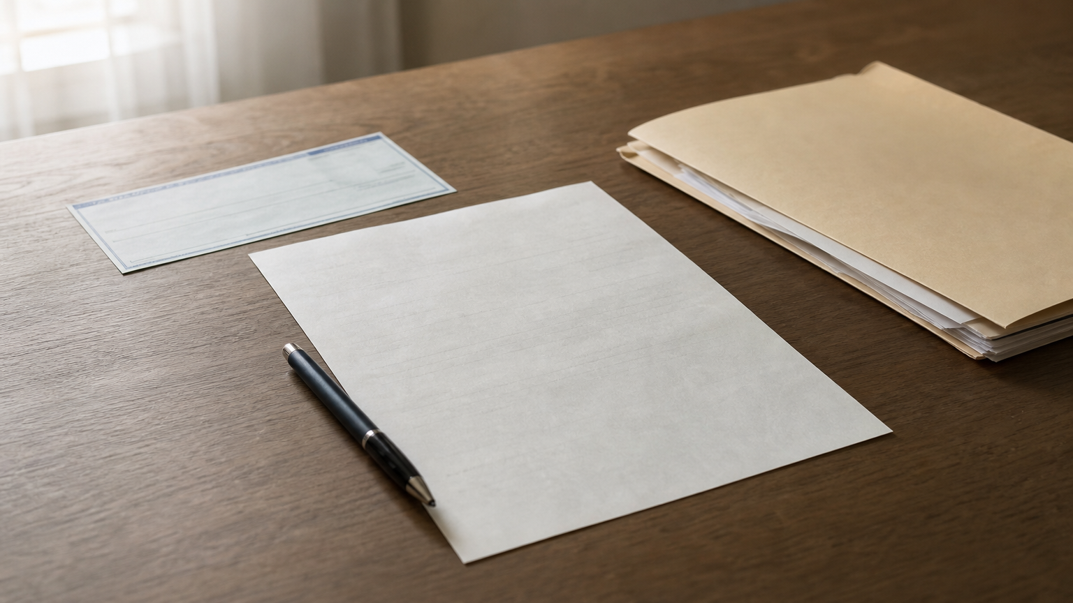 A signed settlement letter with a pen, a check and a folder of records.