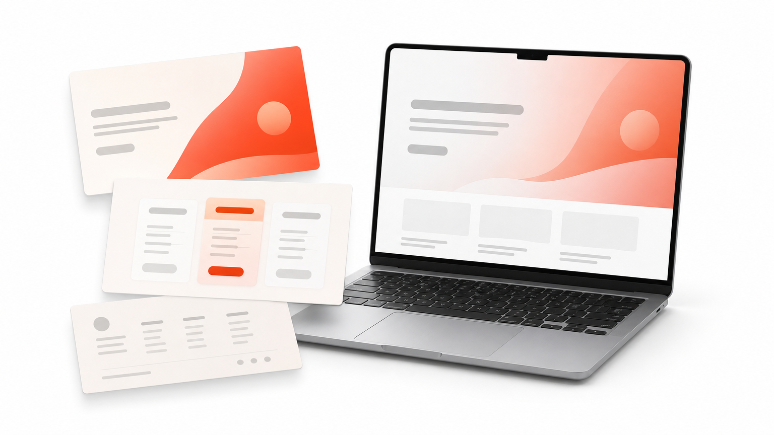 Three paper cards showing a hero banner, pricing block and footer next to an open laptop.
