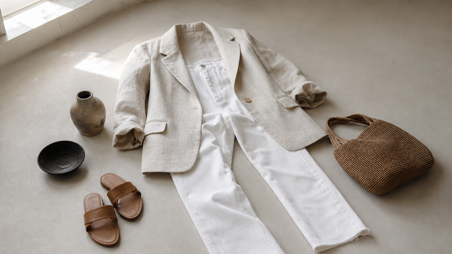 A cream linen blazer with white jeans, tan sandals, and a woven bag.