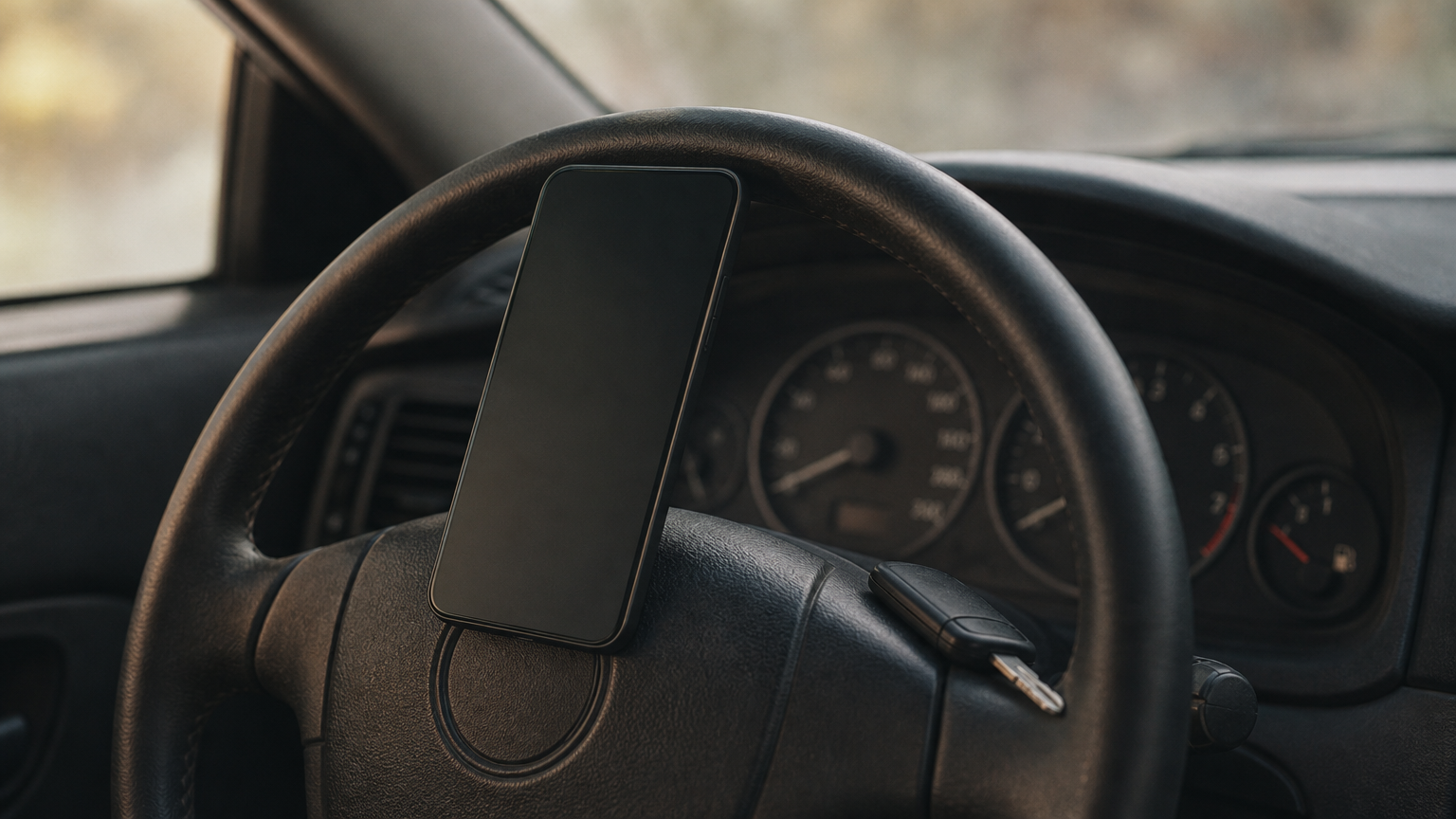 A car dashboard with odometer and fuel gauge, a smartphone on the steering wheel and a key.