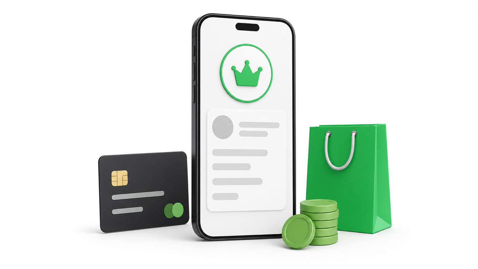 A phone showing a premium profile next to a credit card, shopping bag and coins.