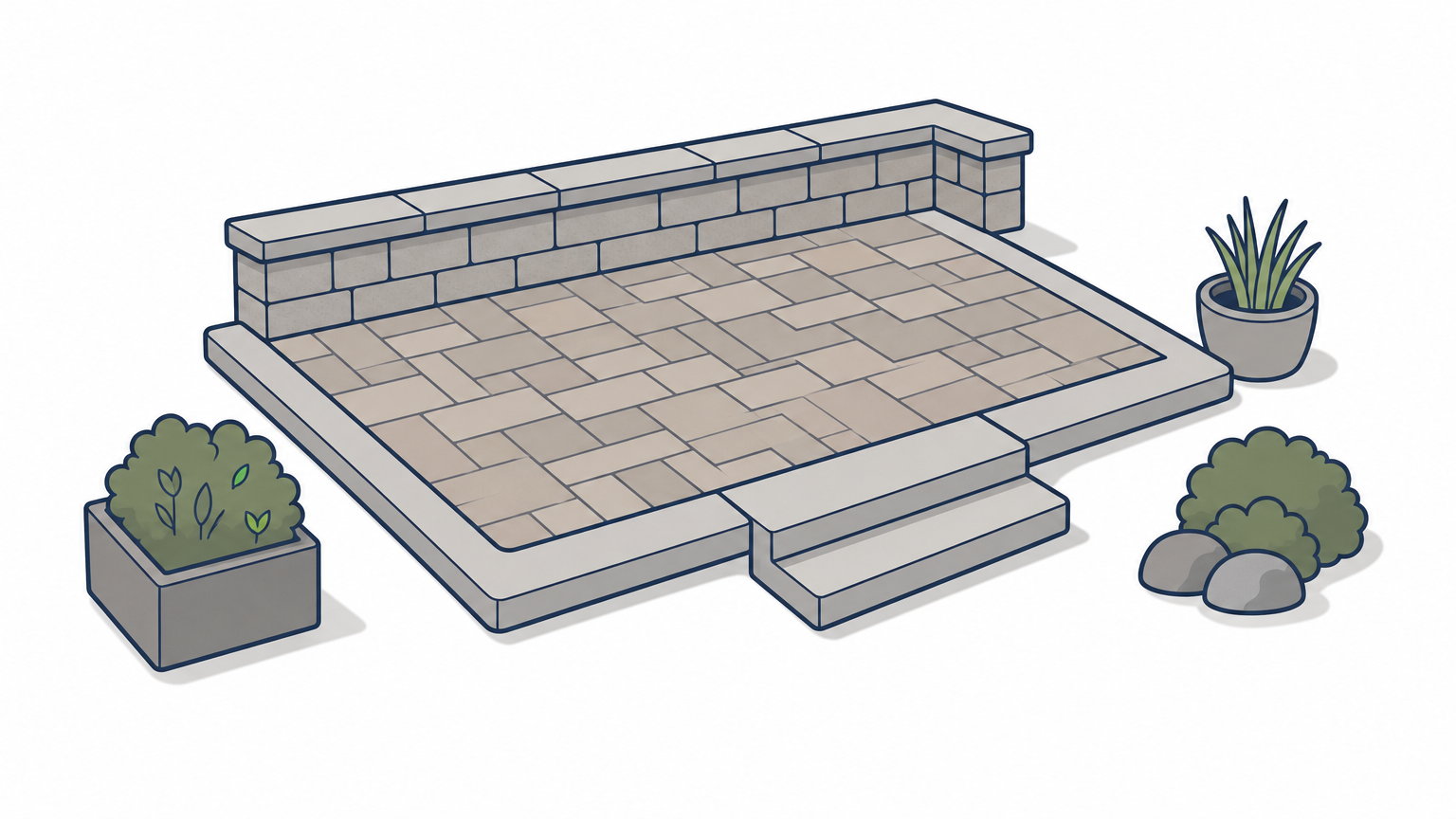 Paver patio with a retaining wall, concrete steps, and a poured concrete border.