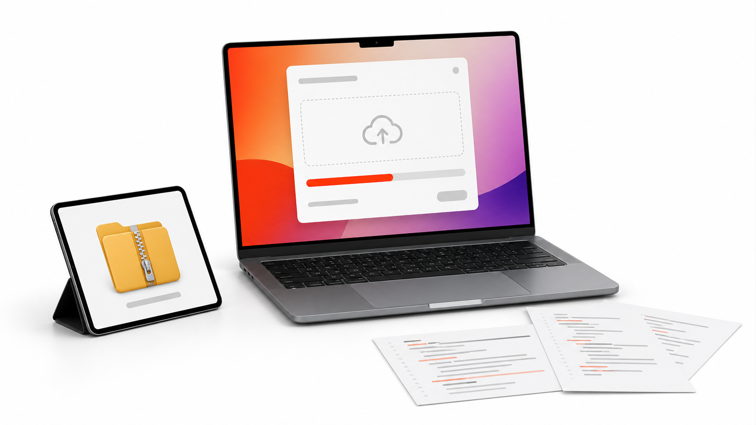 A laptop with an upload window open, next to a tablet with a zipped folder and two code sheets.