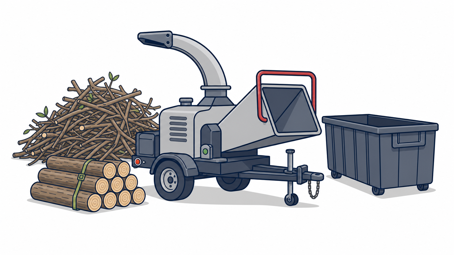 A wood chipper stands next to a pile of cut branches, stacked logs and a dumpster.